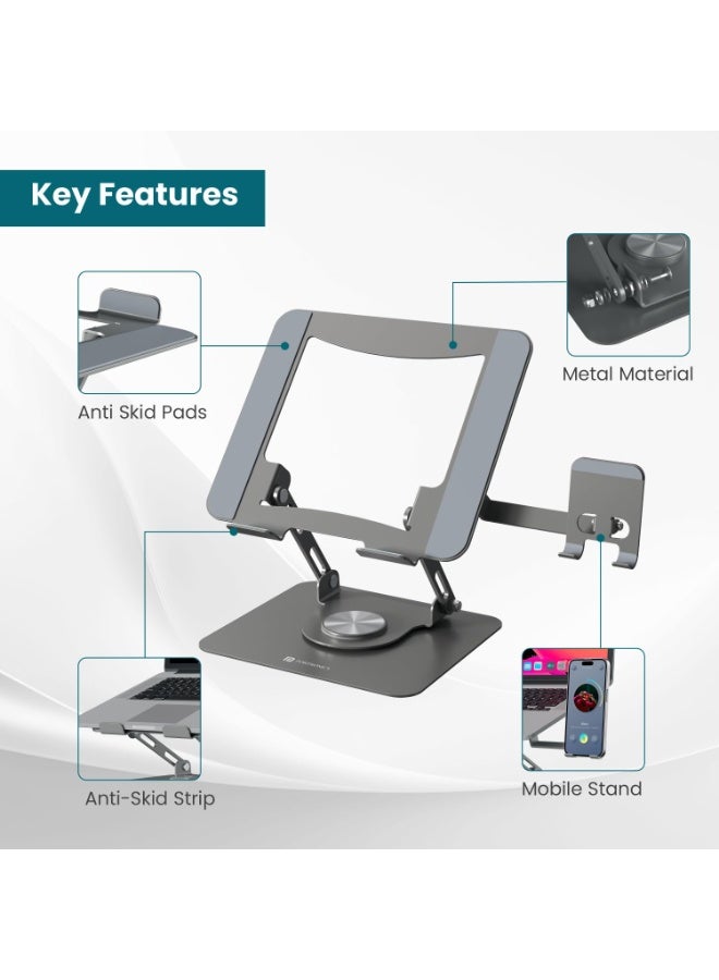 بورترونيكس Portronics My Buddy K9 Pro 2-in-1 Laptop & Phone Stand with 360° Rotating Base, Adjustable Height & Angle, Foldable Metal Design, Heat Dissipation, Universal Fit for 10–15.6” Laptops - Image 2